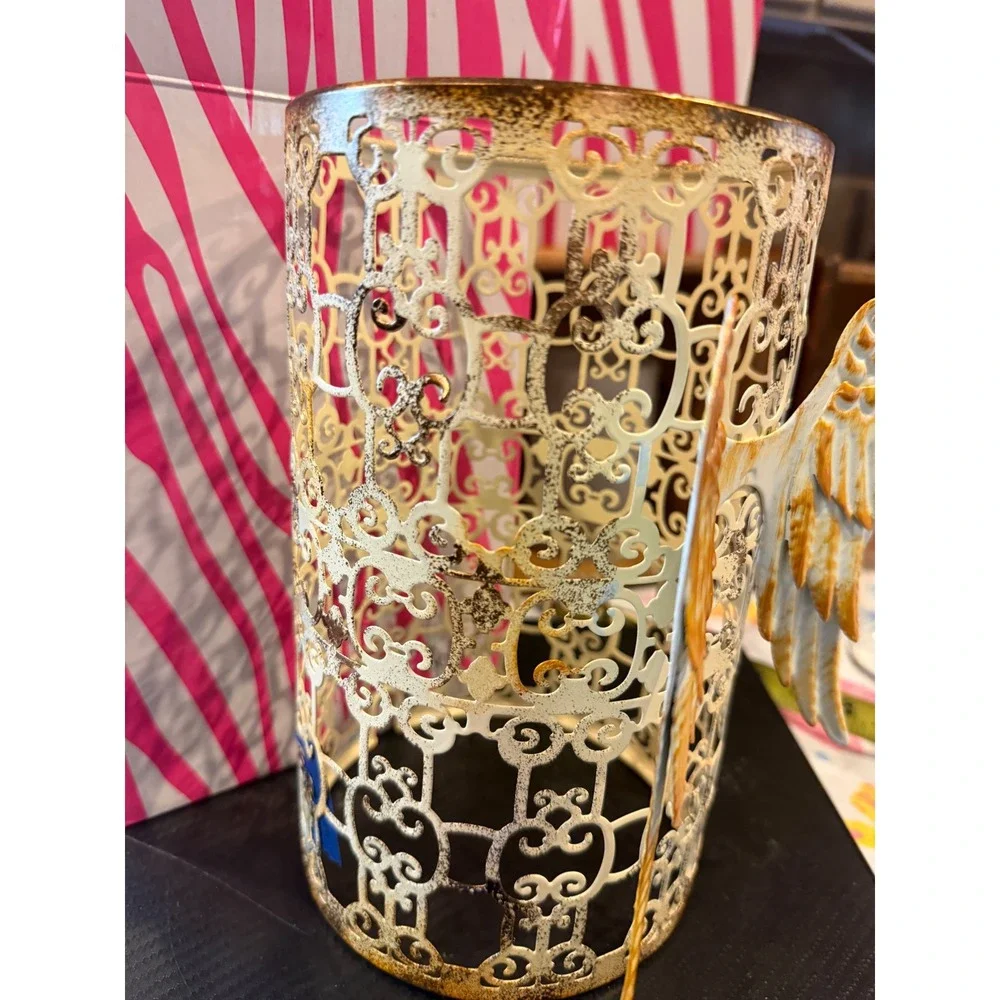 Pink Zebra Distressed Cream and Gold Angel Wing Filigree Metal Candle Sleeve